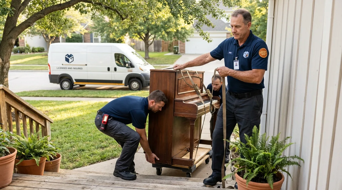 Licensed piano movers securing grand piano in Carmel, ME