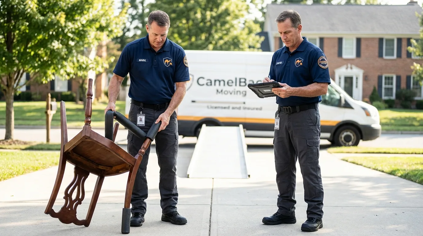 Movers inspecting furniture for damage prevention before loading in Carmel, ME