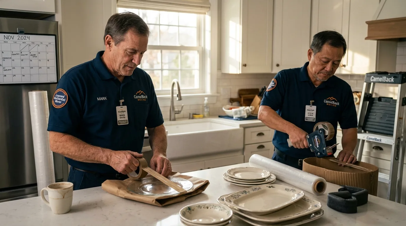 Professional crew packing kitchen dishware in Carmel, ME